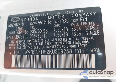 2019 Hyundai Santa Fe Xl Se из США, поврежденный, VIN KM8SN4HF2KU309258